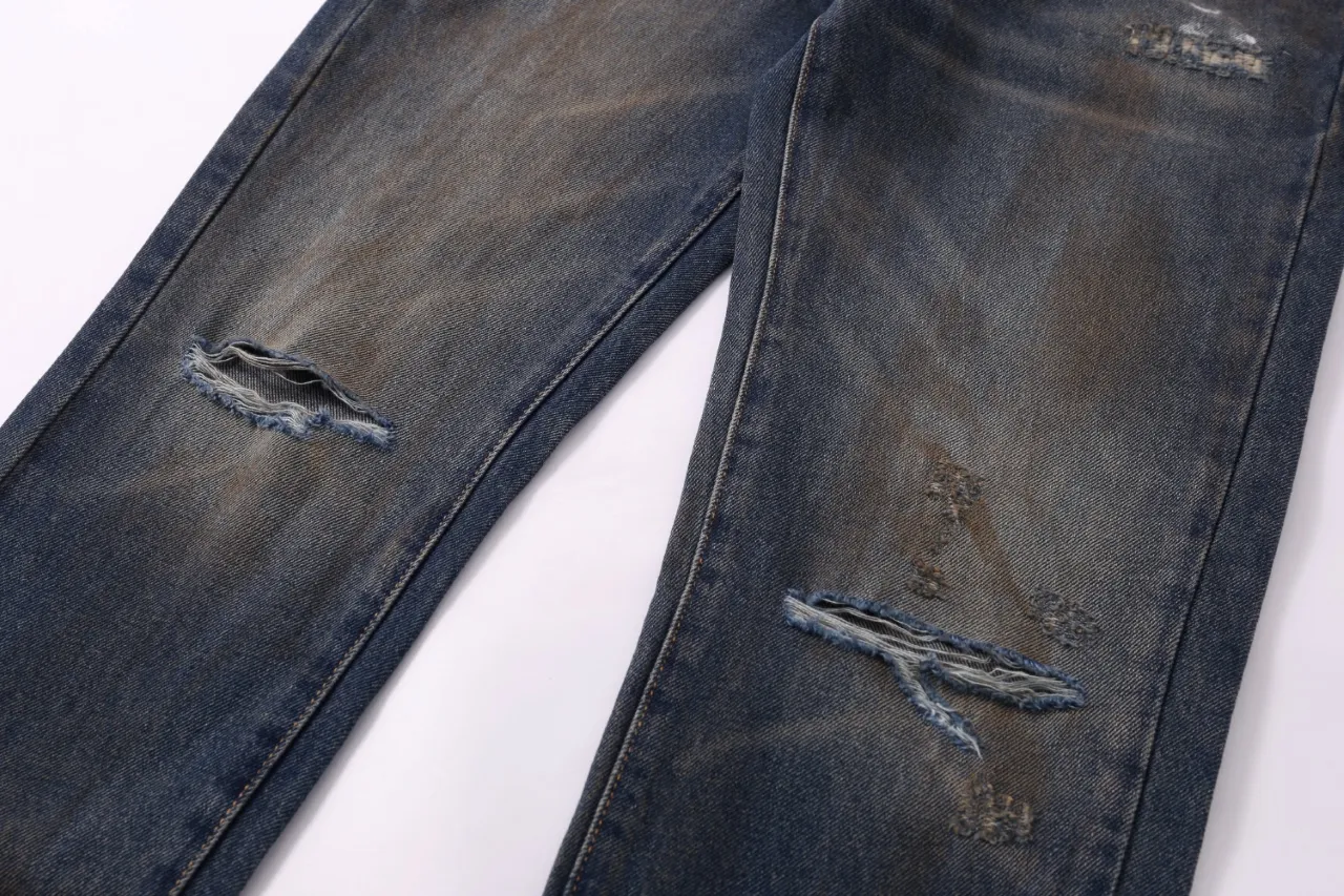 655#Gallery Dept New Retro Splashed Ink Hole Embroidery Washed Small Straight Leg Jeans American High Street Casual Trousers Washed Blue S～XL P240